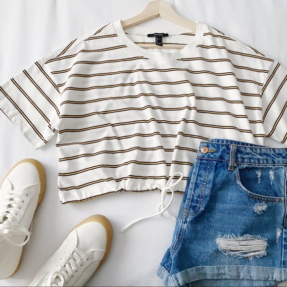 Yellow Black and White Stripe Cropped Drawstring Waist Top - Picture 2 of 9